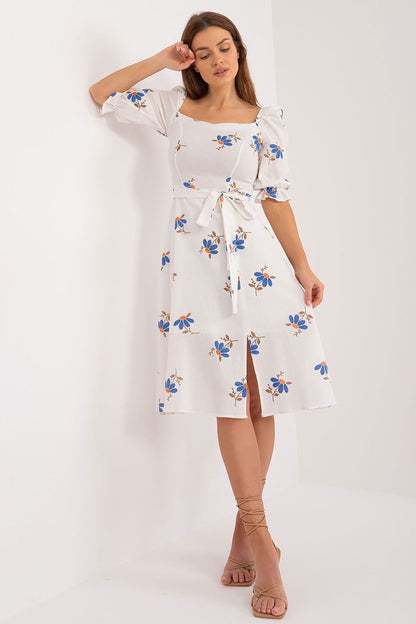 Flared Floral Summer Dress with Tie Belt and Ruffled Sleeves