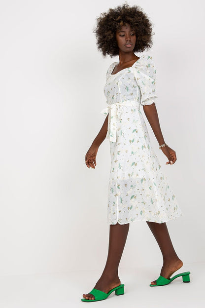 Flared Floral Summer Dress with Tie Belt and Ruffled Sleeves