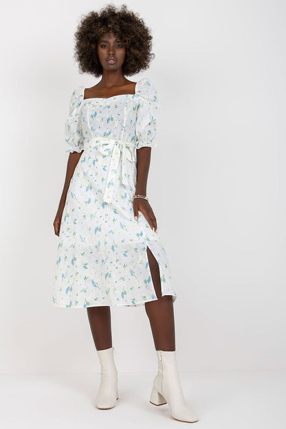 Flared Floral Summer Dress with Tie Belt and Ruffled Sleeves