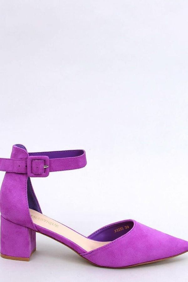 Zapatos de salón violeta de mujer con tacón bajo, tira al tobillo y tacón de 5,5 cm en ante ecológico