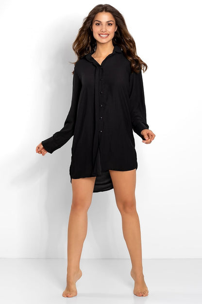 Black Long Sleeve Button-Closure Nightgown with Loose Fit