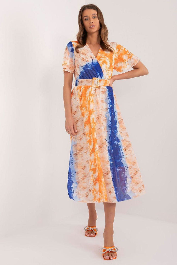 Colorful Print Flared Midi Dress with Belt - Ludowika 