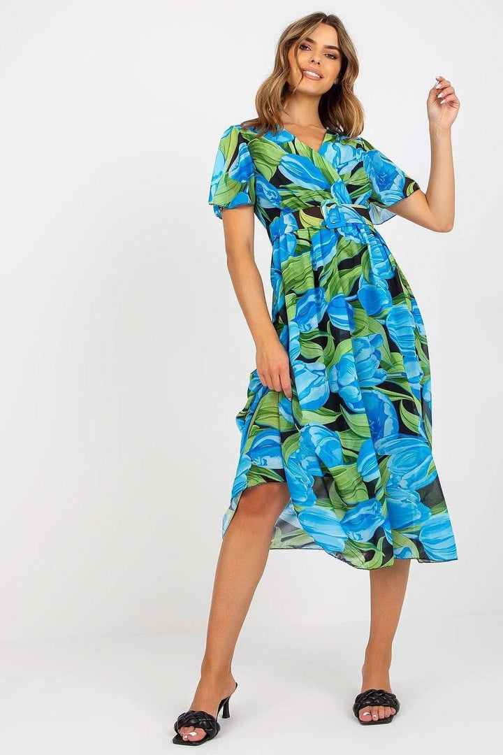 Colorful Print Flared Midi Dress with Belt - Ludowika 