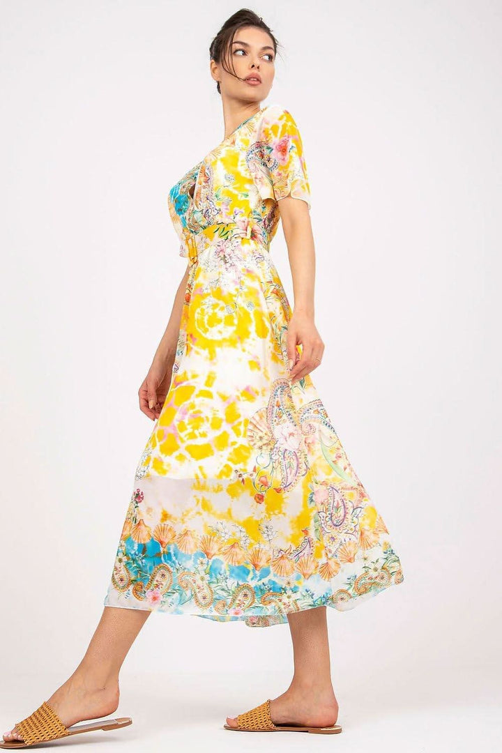 Colorful Print Flared Midi Dress with Belt - Ludowika 