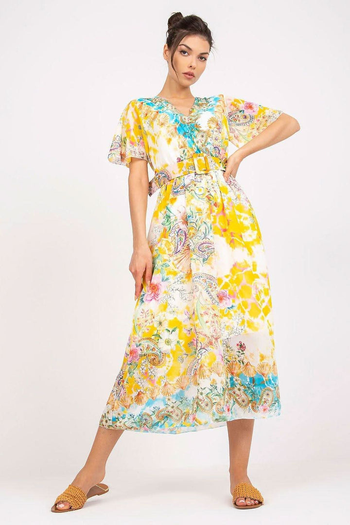 Colorful Print Flared Midi Dress with Belt - Ludowika 