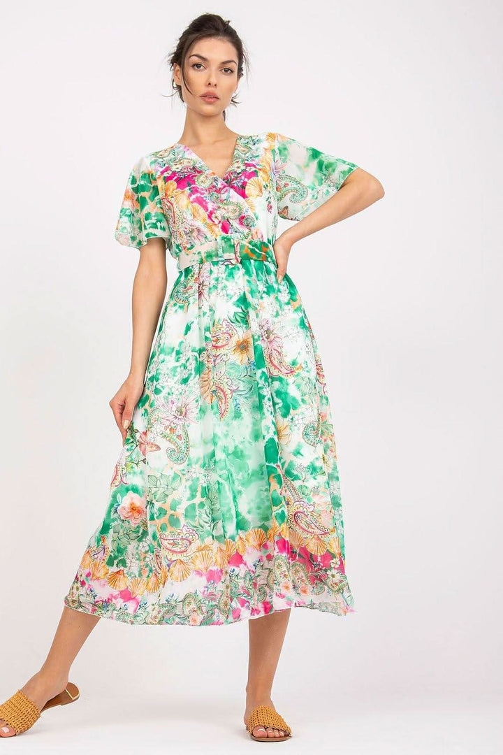 Colorful Print Flared Midi Dress with Belt - Ludowika 