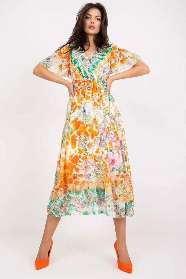 Colorful Print Flared Midi Dress with Belt - Ludowika 