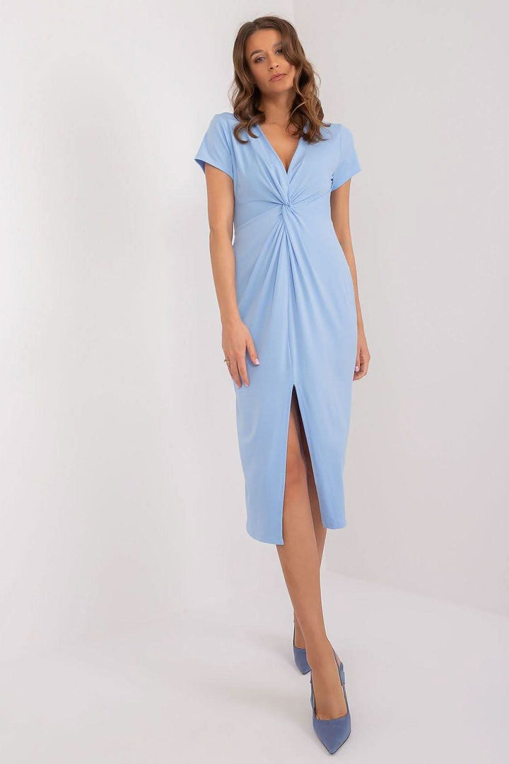 Colorful Print Pencil Midi Dress with Heart Neckline and Front Slit - Ludowika 
