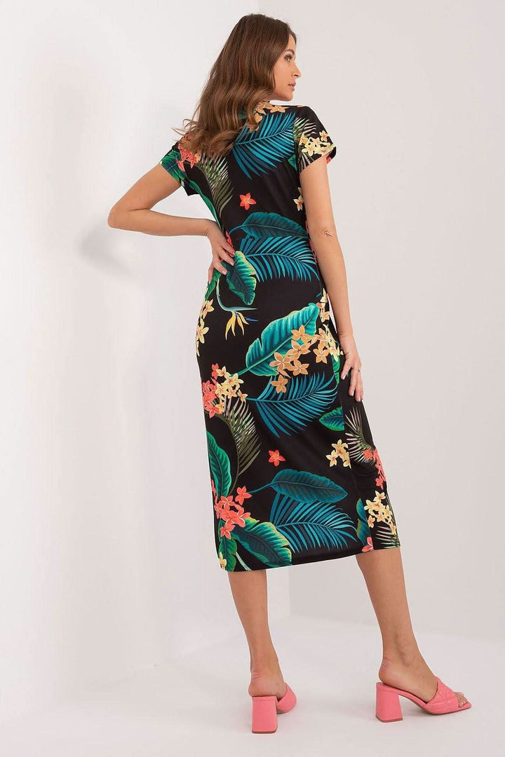 Colorful Print Pencil Midi Dress with Heart Neckline and Front Slit - Ludowika 
