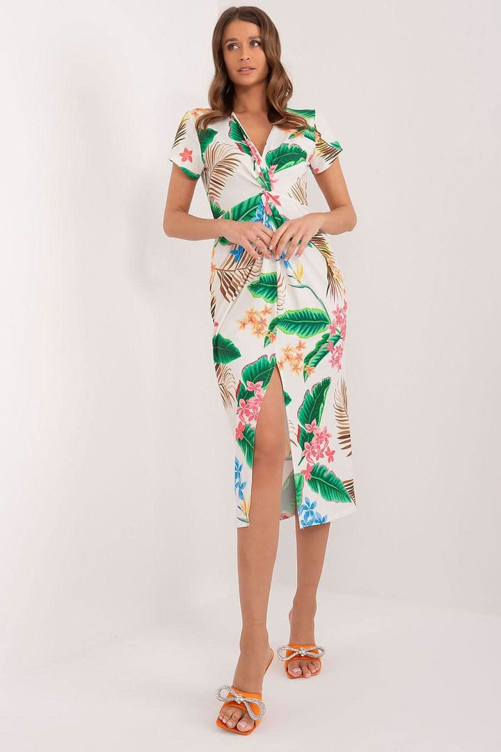 Colorful Print Pencil Midi Dress with Heart Neckline and Front Slit - Ludowika 