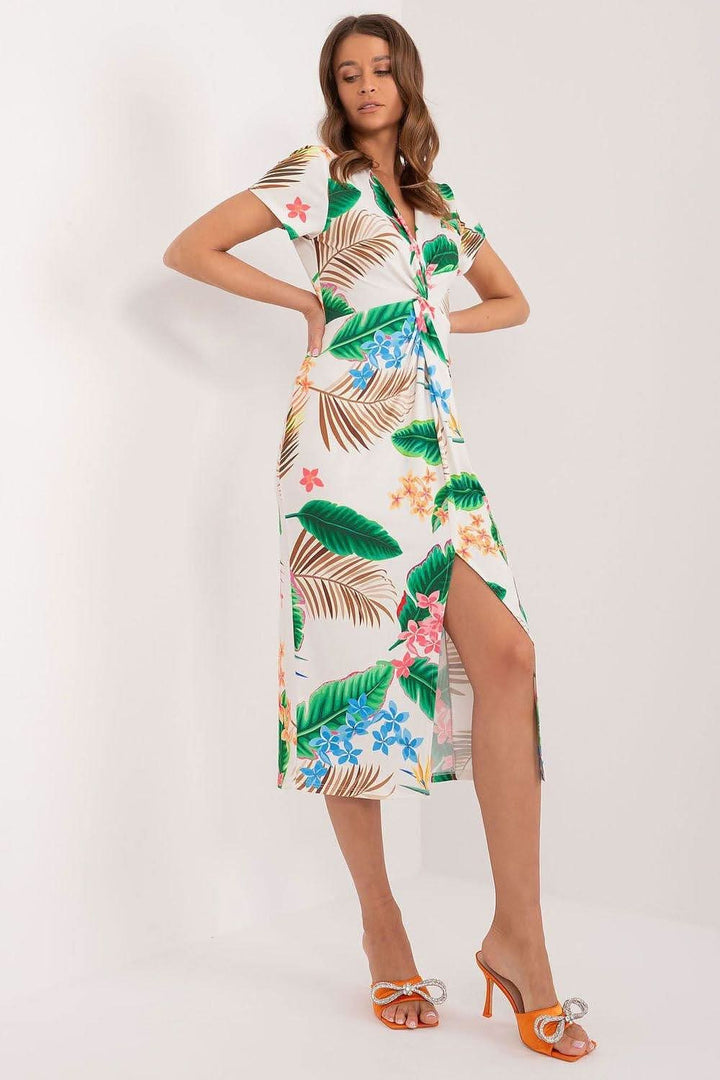 Colorful Print Pencil Midi Dress with Heart Neckline and Front Slit - Ludowika 