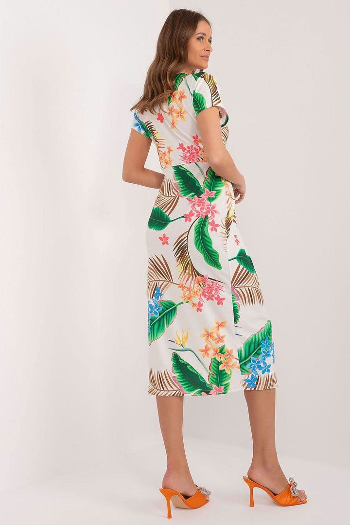 Colorful Print Pencil Midi Dress with Heart Neckline and Front Slit - Ludowika 