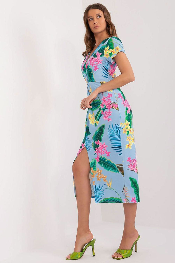 Colorful Print Pencil Midi Dress with Heart Neckline and Front Slit - Ludowika 