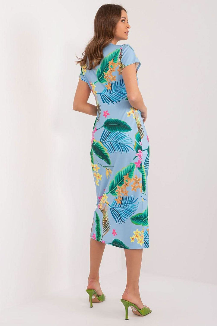 Colorful Print Pencil Midi Dress with Heart Neckline and Front Slit - Ludowika 