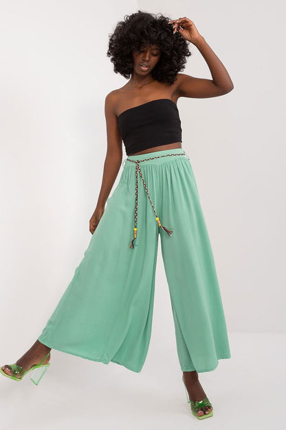 High-Waisted Viscose Pants with Elastic Waistband and Decorative Tie Belt