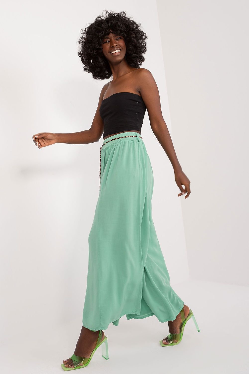 High-Waisted Viscose Pants with Elastic Waistband and Decorative Tie Belt