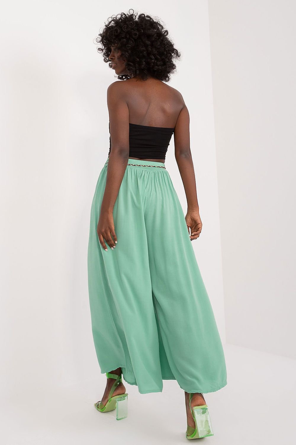 High-Waisted Viscose Pants with Elastic Waistband and Decorative Tie Belt