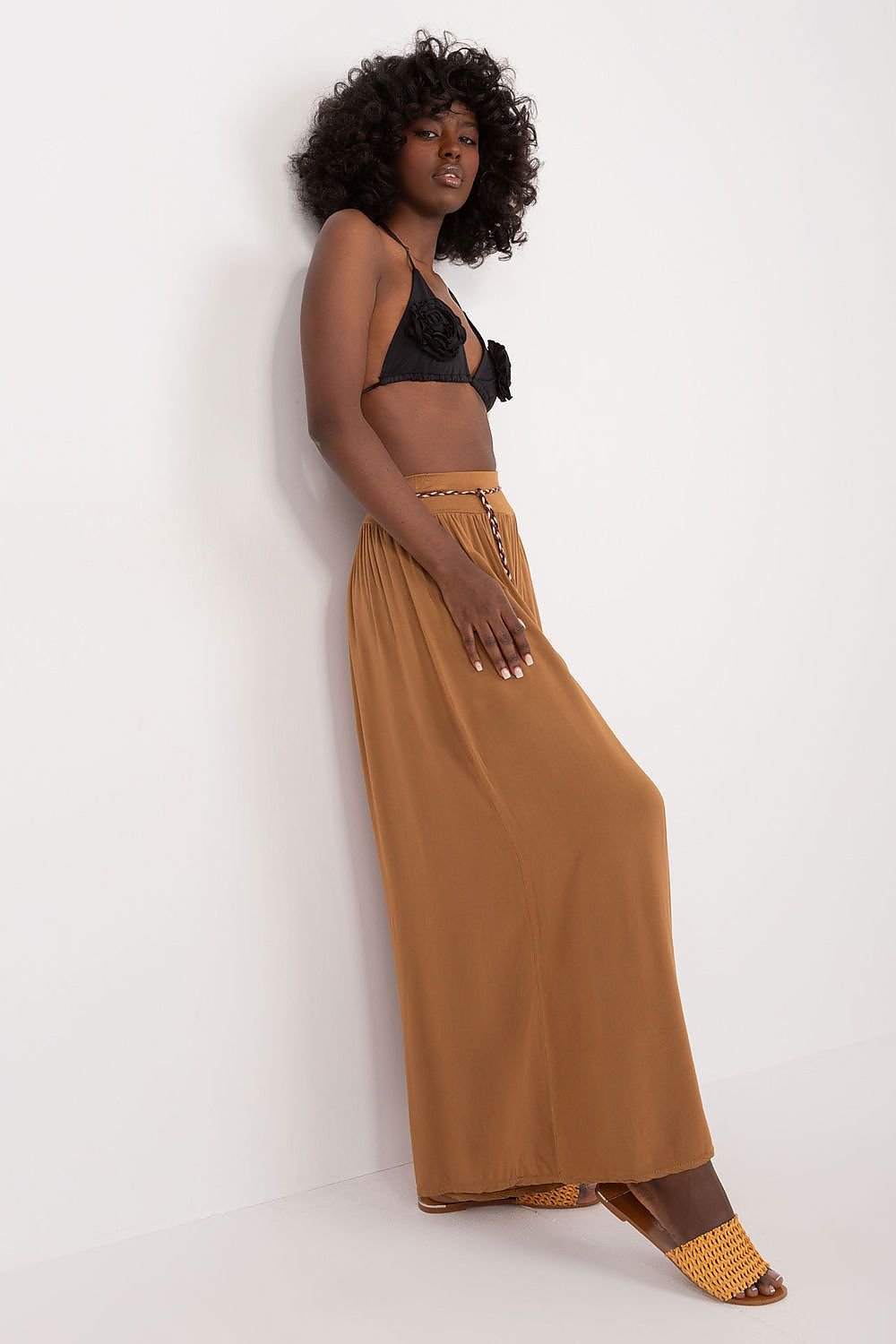 High-Waisted Viscose Pants with Elastic Waistband and Decorative Tie Belt