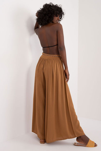 High-Waisted Viscose Pants with Elastic Waistband and Decorative Tie Belt