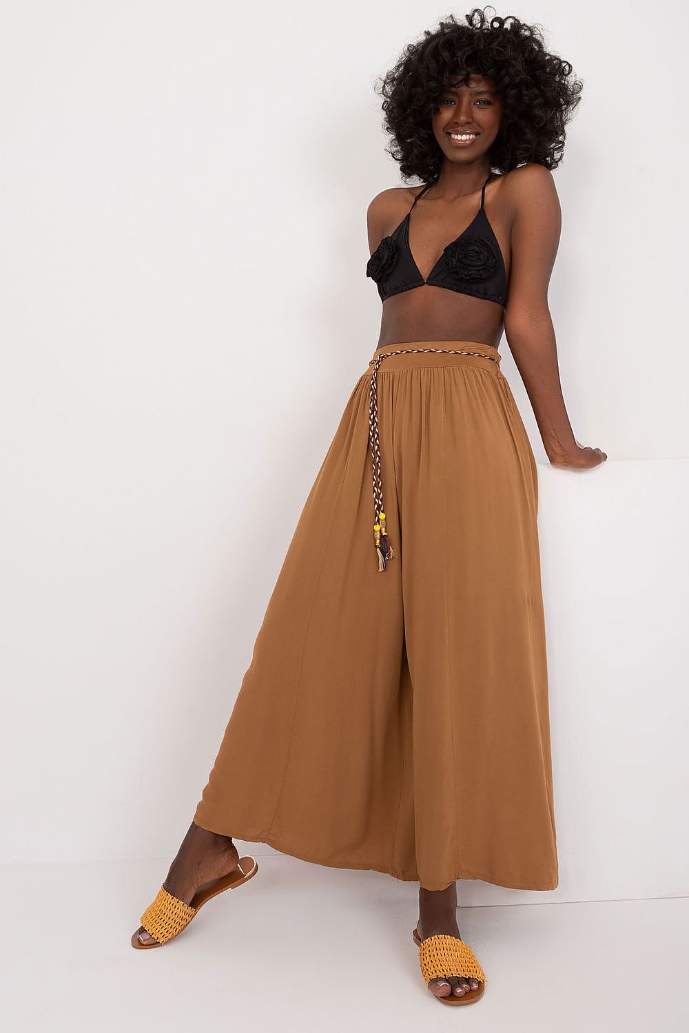 High-Waisted Viscose Pants with Elastic Waistband and Decorative Tie Belt