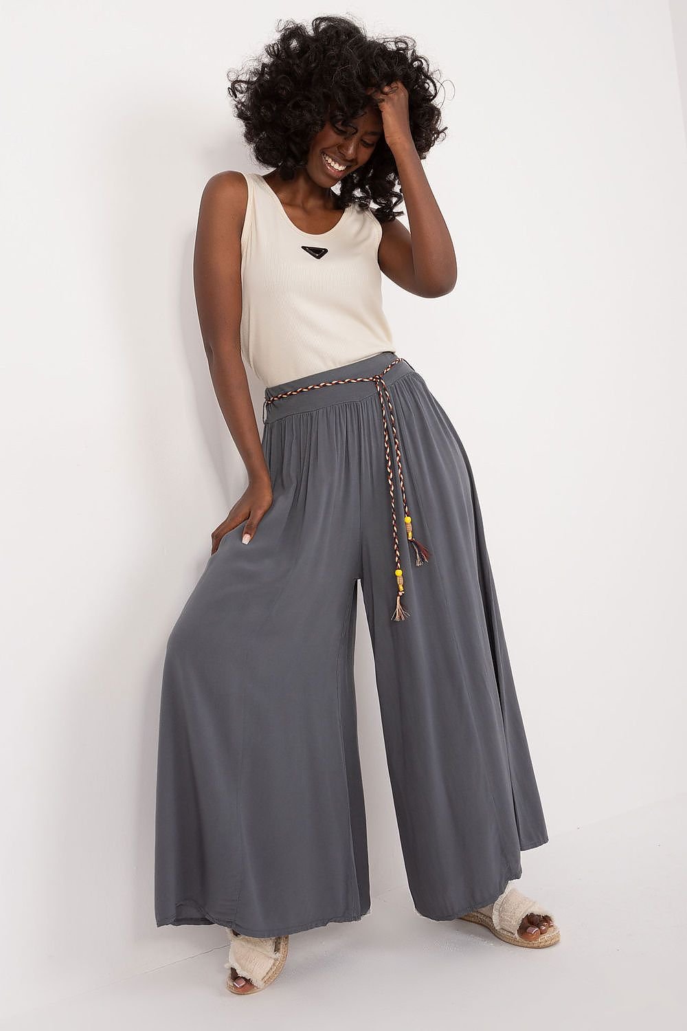 High-Waisted Viscose Pants with Elastic Waistband and Decorative Tie Belt