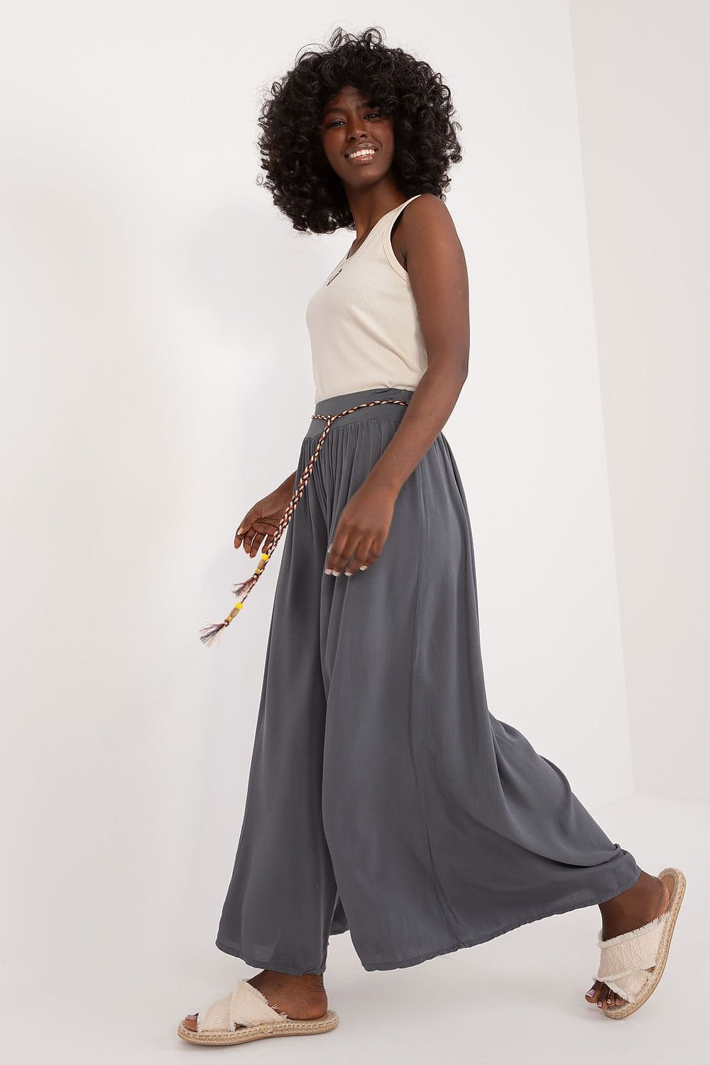 High-Waisted Viscose Pants with Elastic Waistband and Decorative Tie Belt