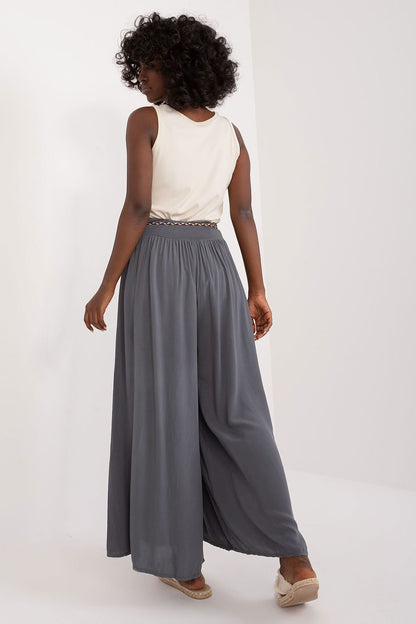 High-Waisted Viscose Pants with Elastic Waistband and Decorative Tie Belt