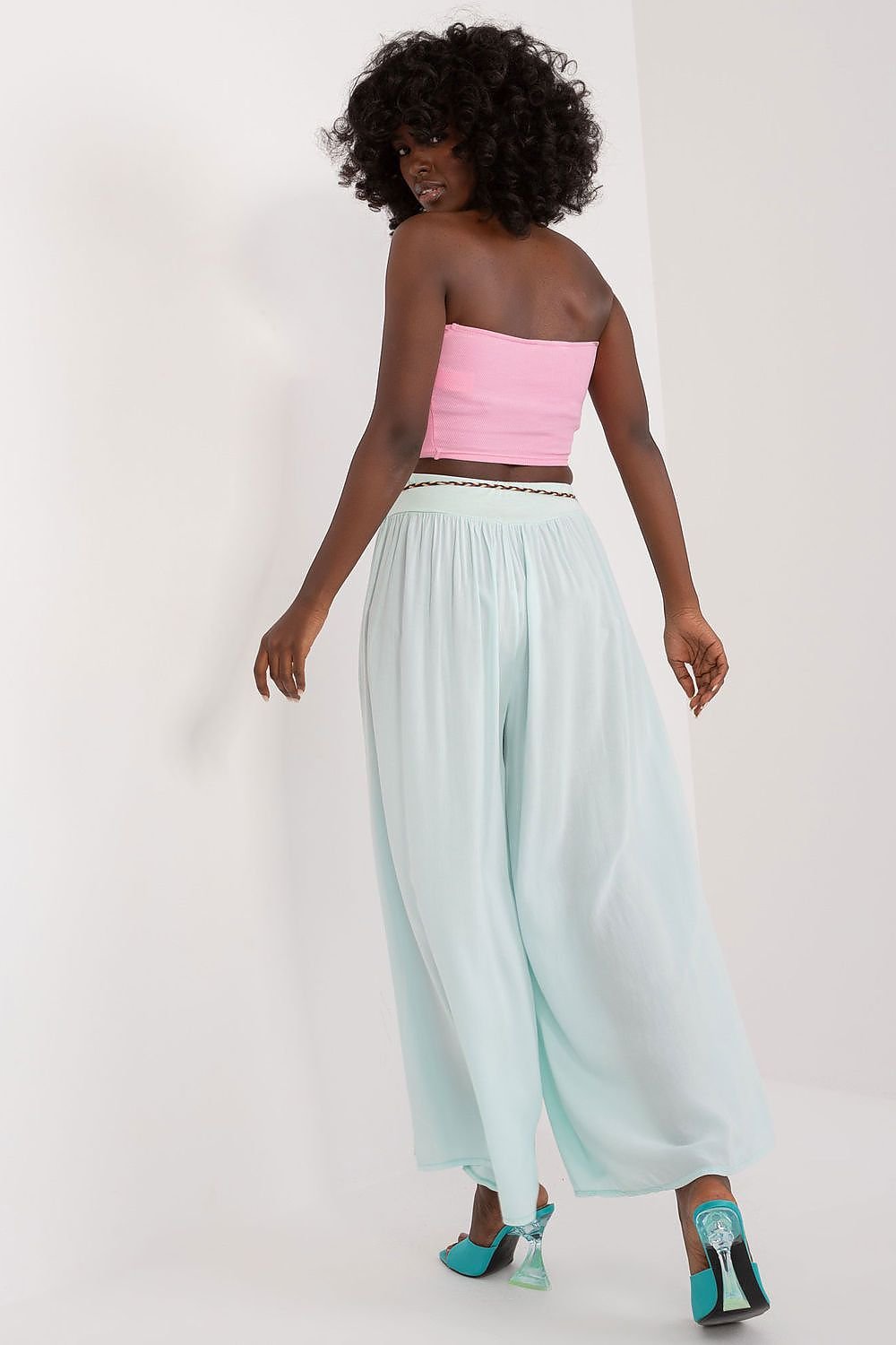 High-Waisted Viscose Pants with Elastic Waistband and Decorative Tie Belt