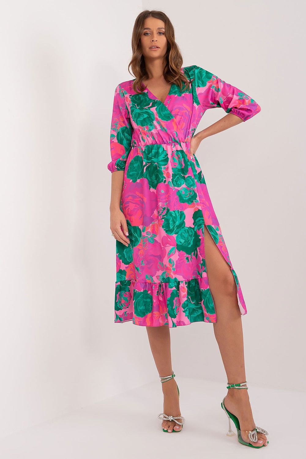 Colorful Midi Dress with Envelope Neckline and Ruffled Hem