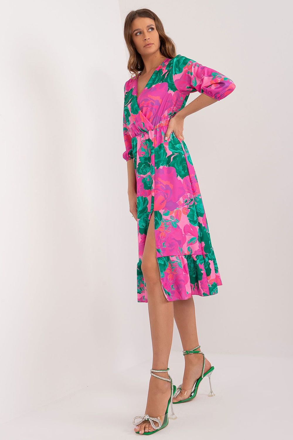 Colorful Midi Dress with Envelope Neckline and Ruffled Hem