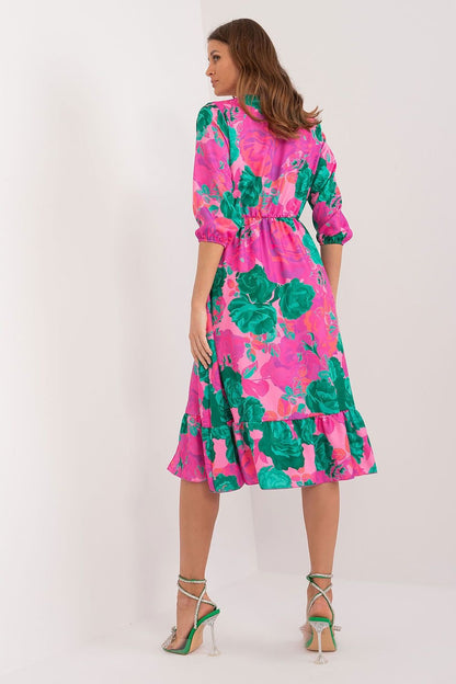 Colorful Midi Dress with Envelope Neckline and Ruffled Hem