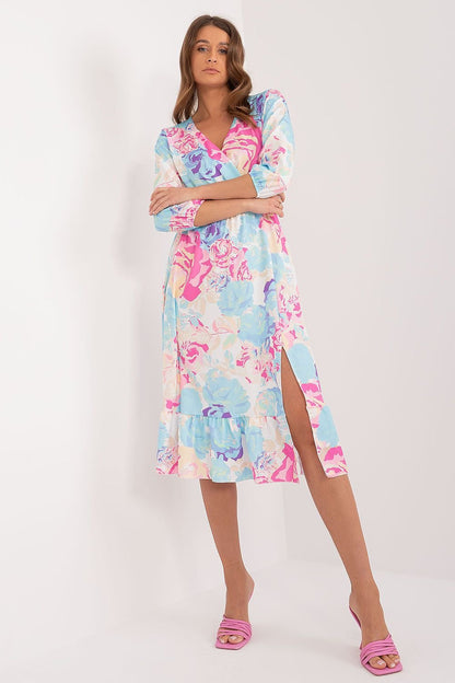 Colorful Midi Dress with Envelope Neckline and Ruffled Hem