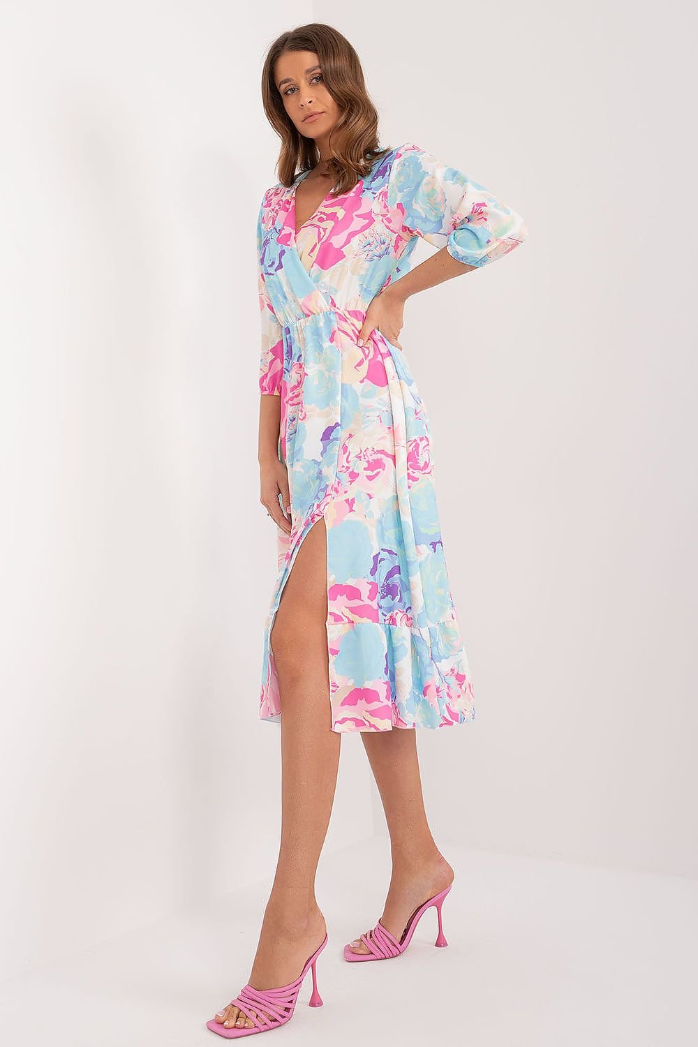 Colorful Midi Dress with Envelope Neckline and Ruffled Hem