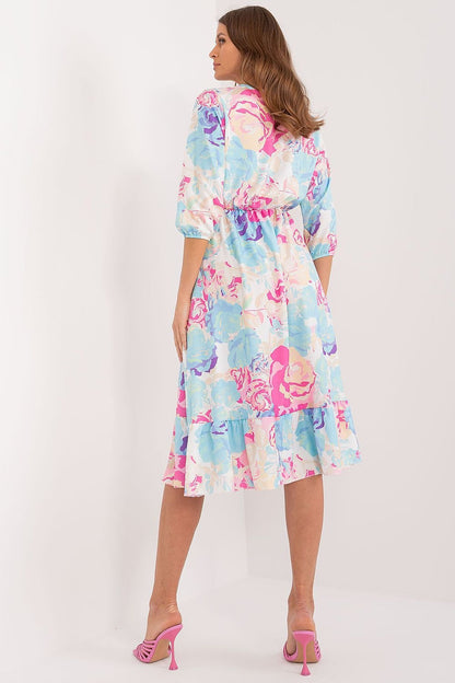 Colorful Midi Dress with Envelope Neckline and Ruffled Hem