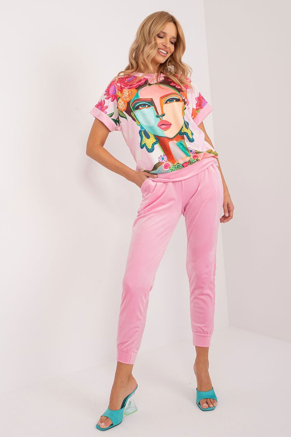 Floral, Face, and Butterfly Design Velour Blouse and Pants Set