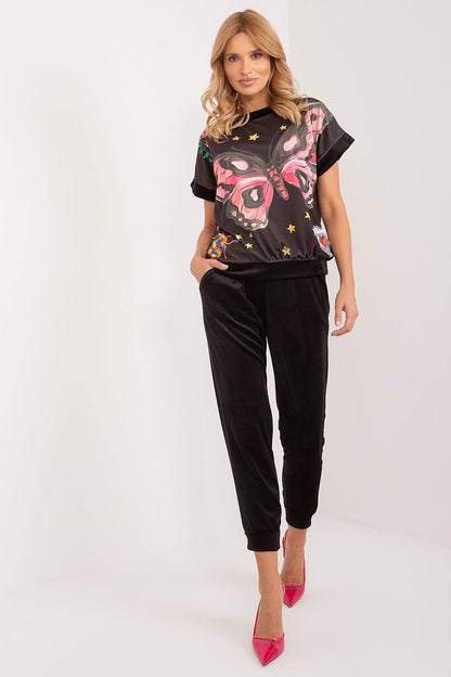 Floral, Face, and Butterfly Design Velour Blouse and Pants Set