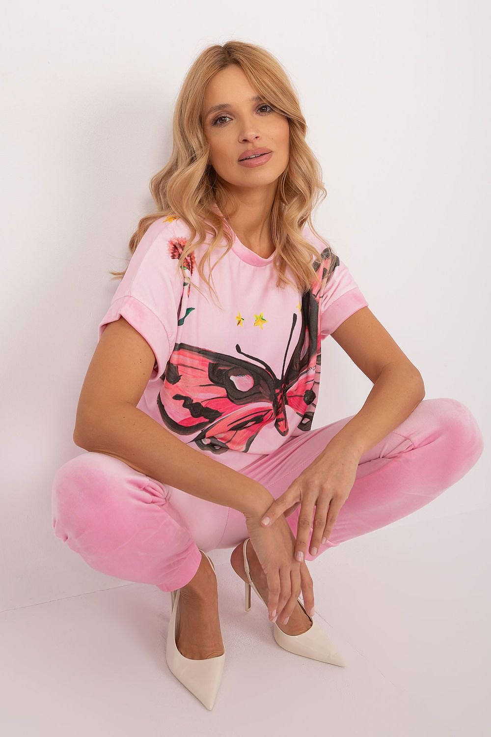 Floral, Face, and Butterfly Design Velour Blouse and Pants Set