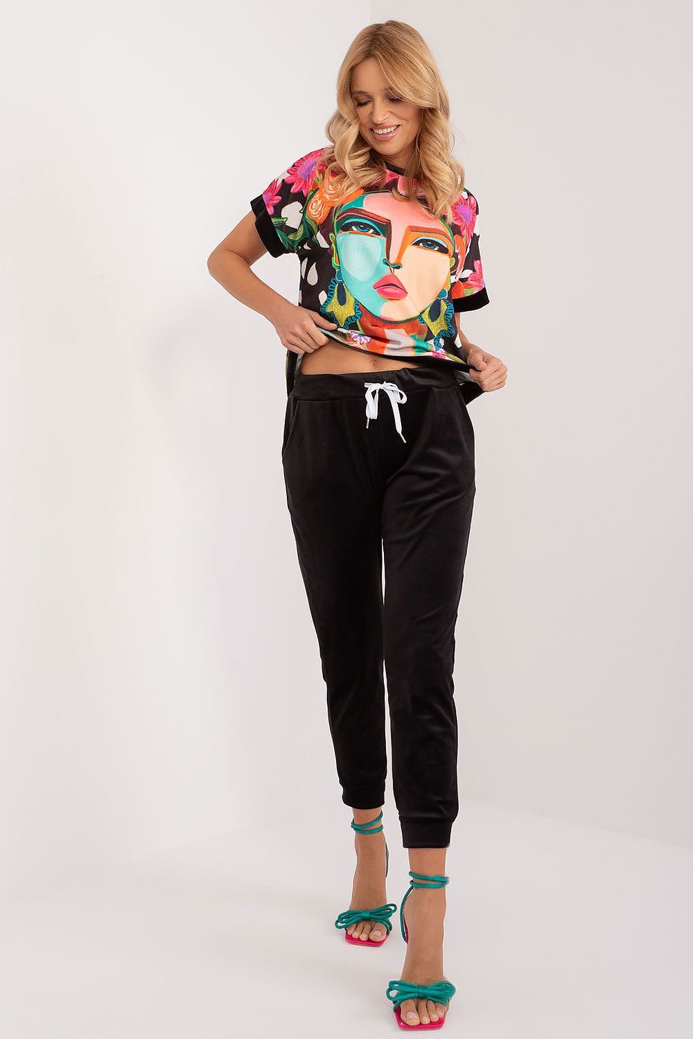 Floral, Face, and Butterfly Design Velour Blouse and Pants Set