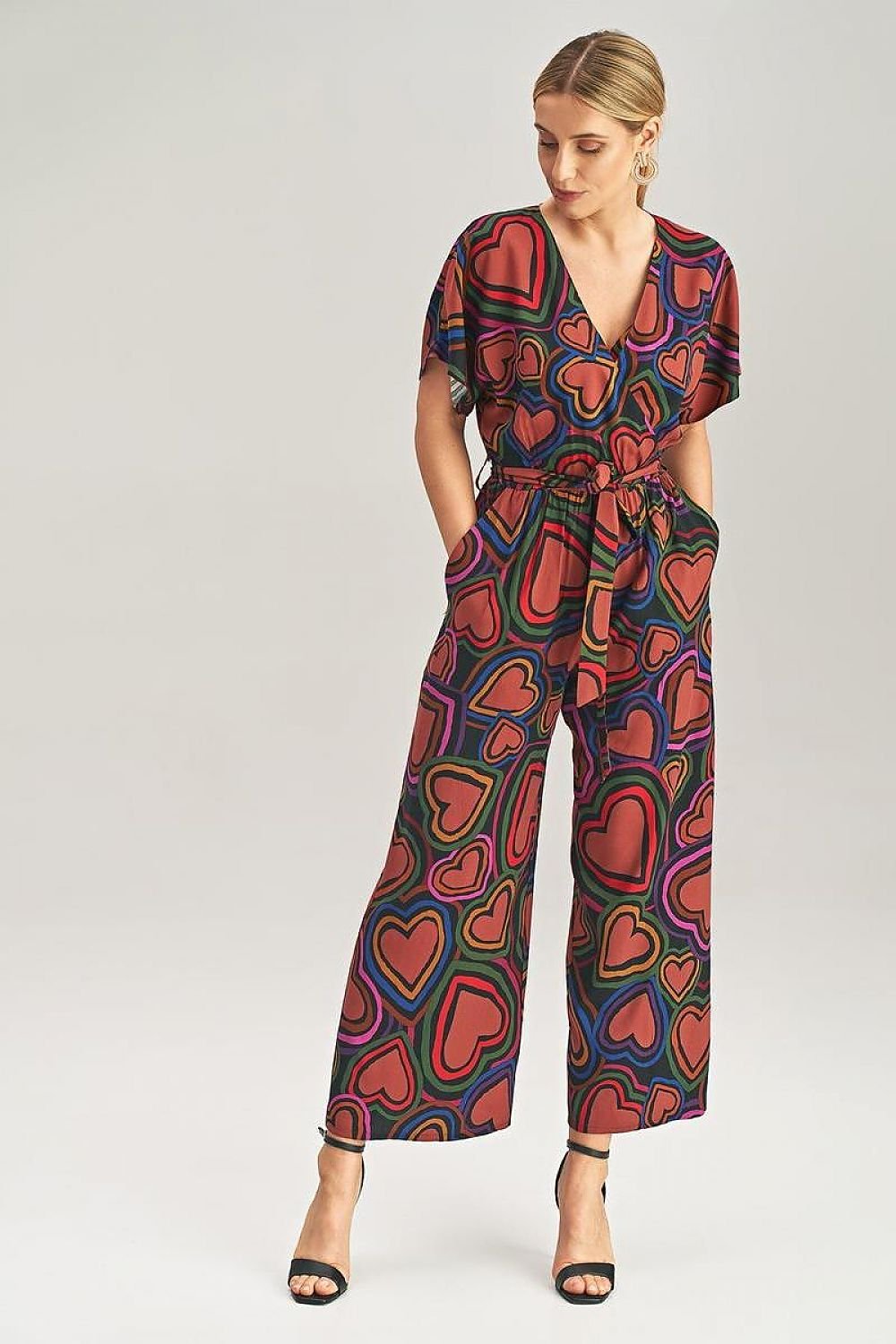 Wide-Leg Jumpsuit with Floral, Stripe, and Heart Pattern