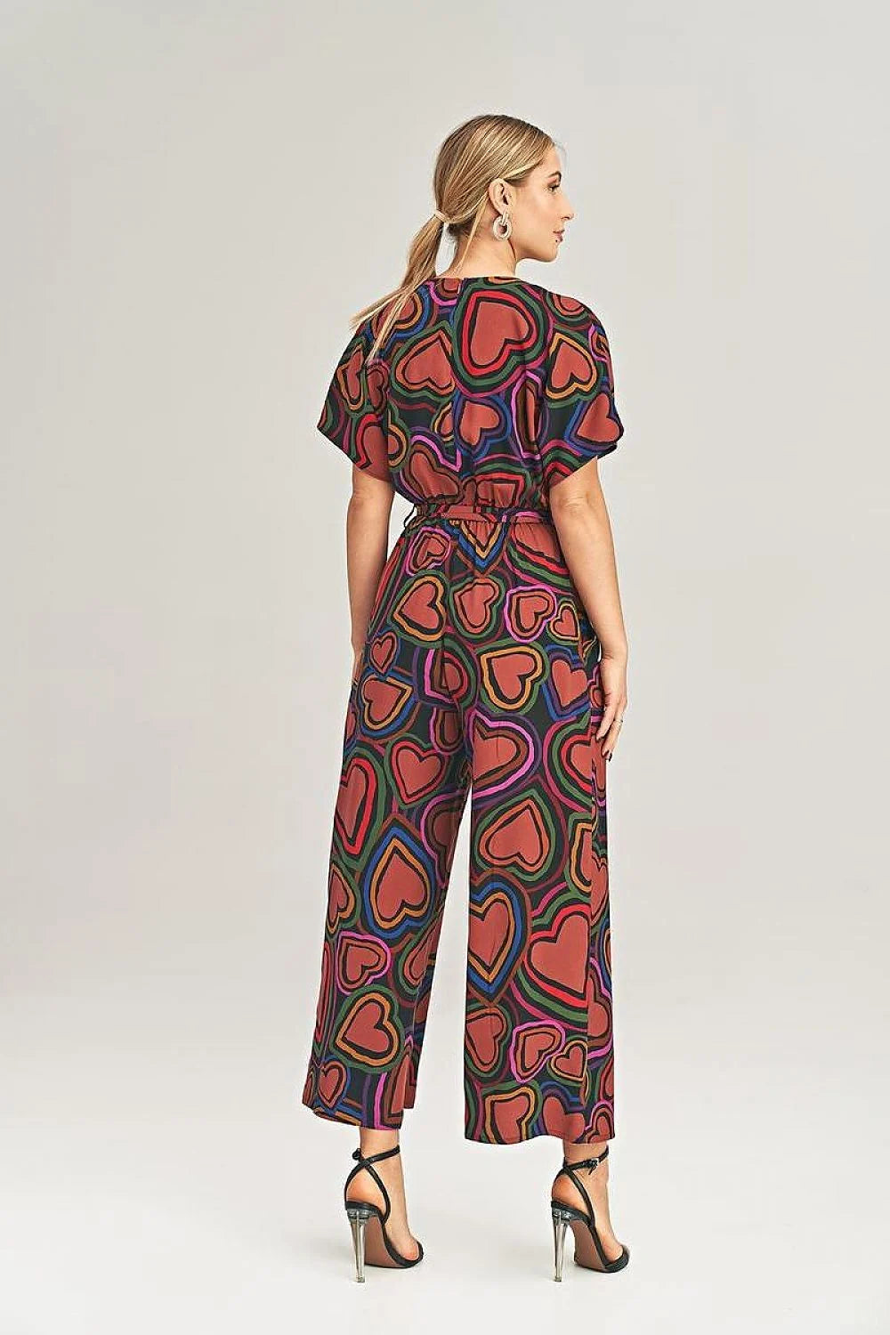 Wide-Leg Jumpsuit with Floral, Stripe, and Heart Pattern