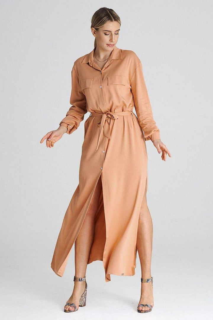 Maxi Shirt Dress with Collar and Waist Tie - Ludowika 