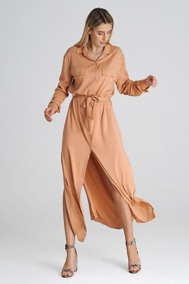 Maxi Shirt Dress with Collar and Waist Tie - Ludowika 