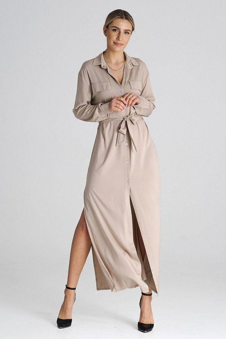 Maxi Shirt Dress with Collar and Waist Tie - Ludowika 