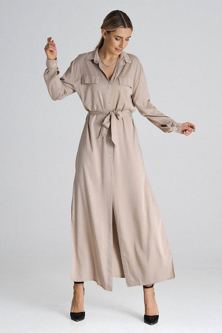 Maxi Shirt Dress with Collar and Waist Tie - Ludowika 