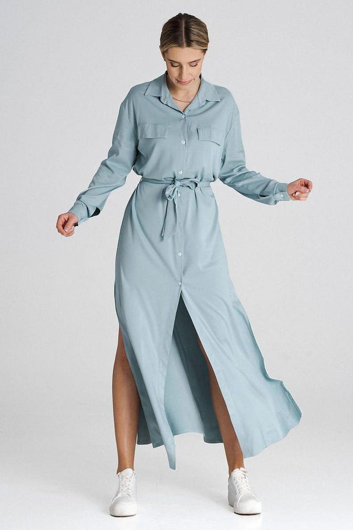 Maxi Shirt Dress with Collar and Waist Tie - Ludowika 