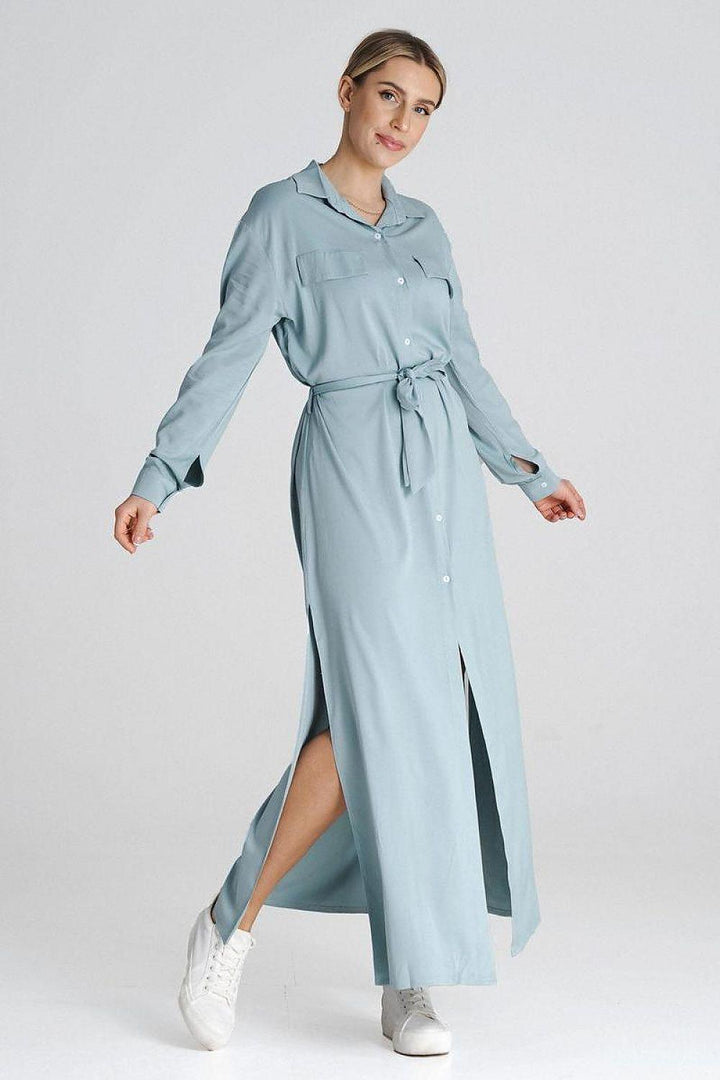 Maxi Shirt Dress with Collar and Waist Tie - Ludowika 