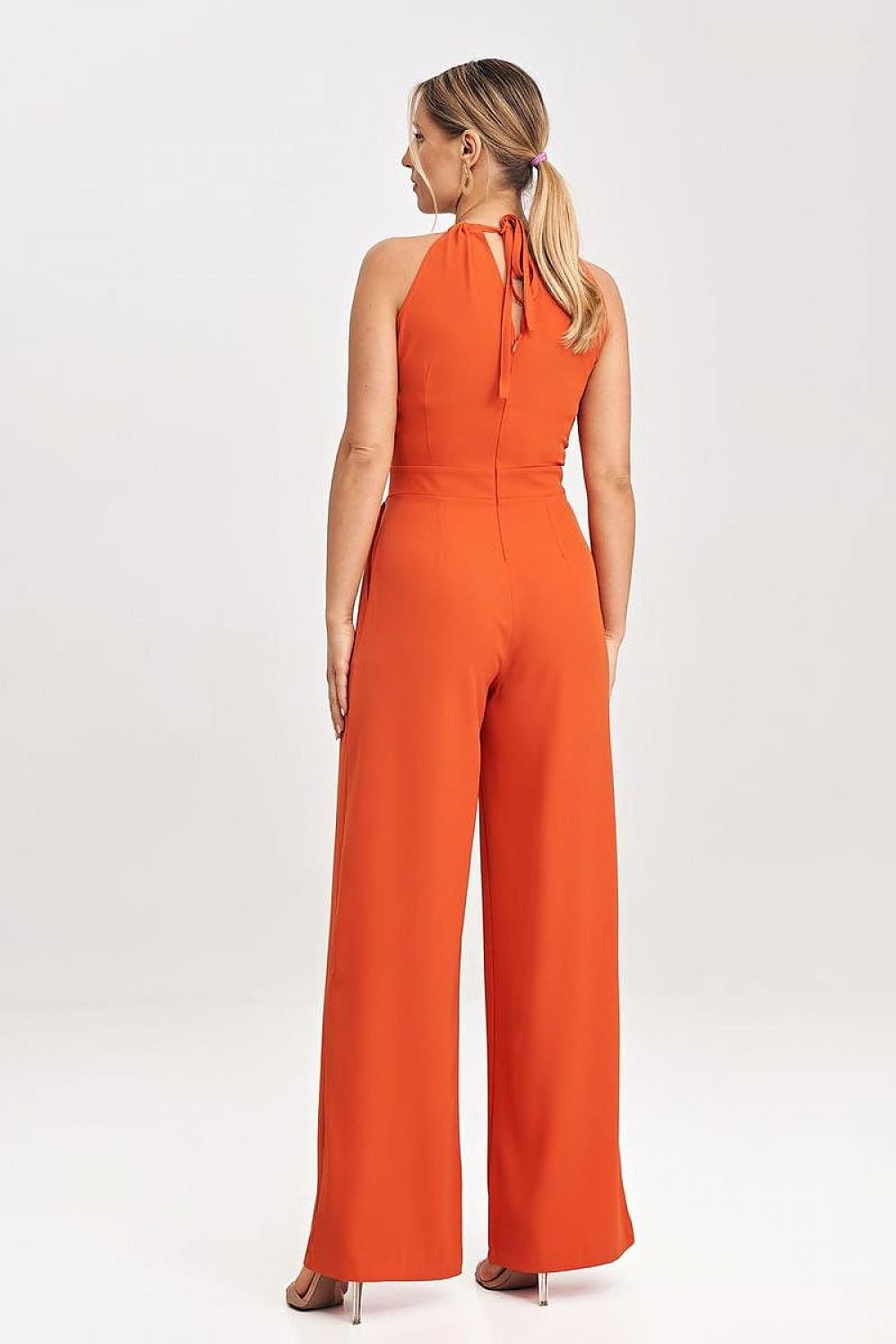 Sleeveless Jumpsuit with Wide Legs, Tied Neck, and Back Zip Closure