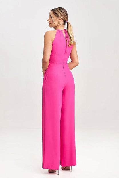 Sleeveless Jumpsuit with Wide Legs, Tied Neck, and Back Zip Closure