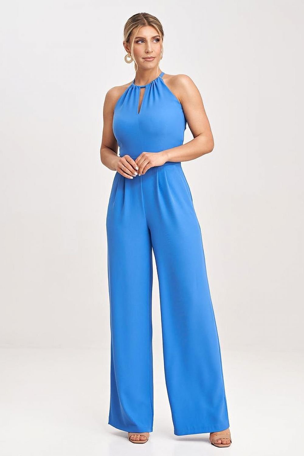 Sleeveless Jumpsuit with Wide Legs, Tied Neck, and Back Zip Closure