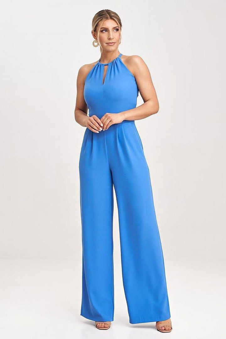 Sleeveless Jumpsuit with Wide Legs, Tied Neck, and Back Zip Closure - Ludowika 